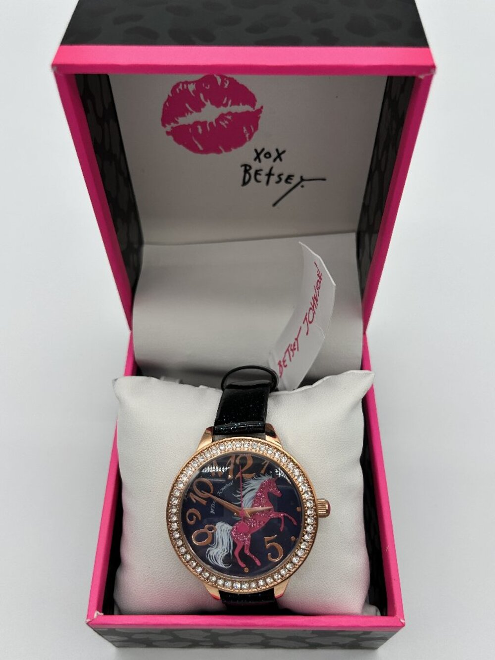 Betsey Johnson Unicorn Motif Dial Crystal Bezel Black Glitter Watch NIB